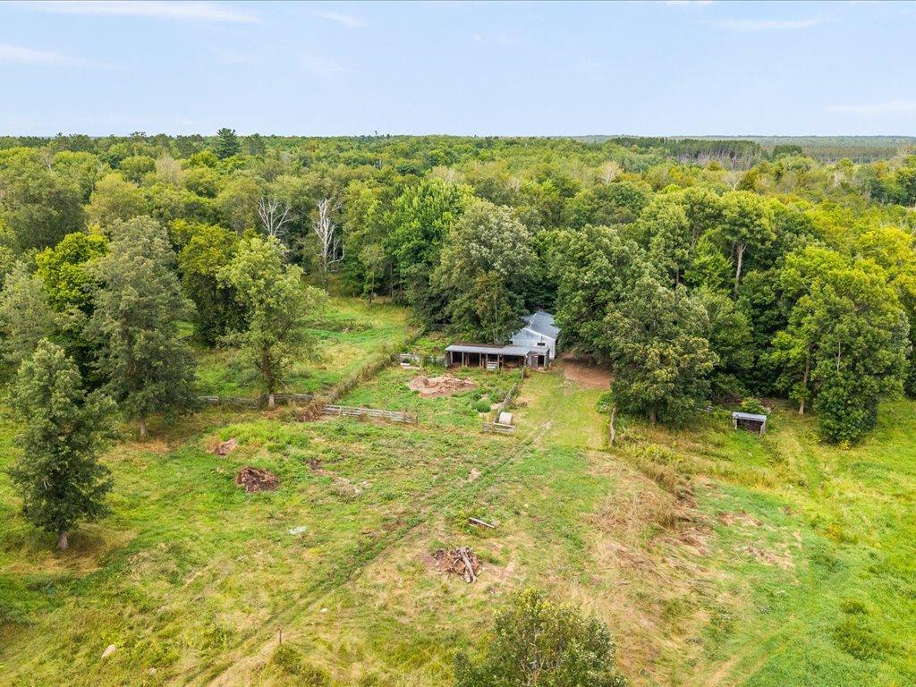 Aerial view of a home in a grassy clearing surrounded by dense woodland.