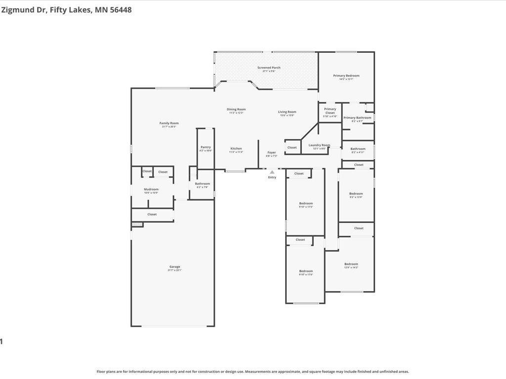 Floor plan showing four bedrooms, a screened porch, garage, and labeled rooms.
