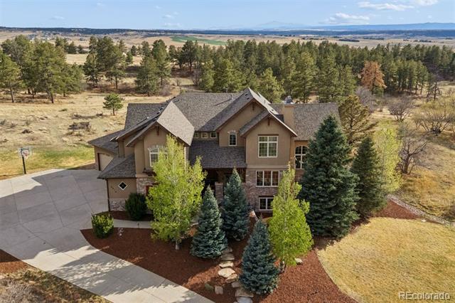Aerial view of a two-story home with a broad driveway, landscaped beds, and pine trees.