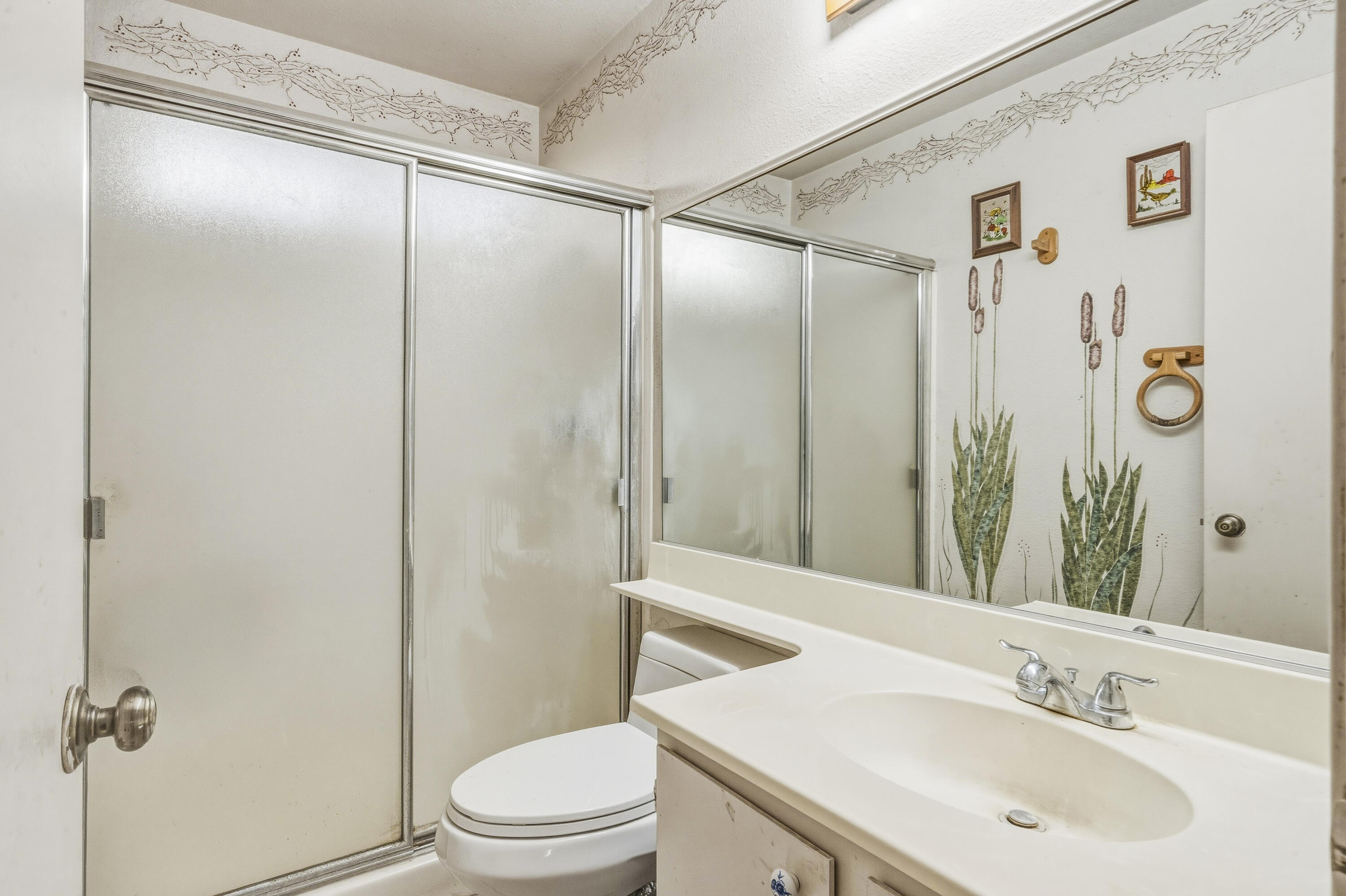 Bathroom with frosted sliding shower doors, a large mirror, and a white vanity with sink.