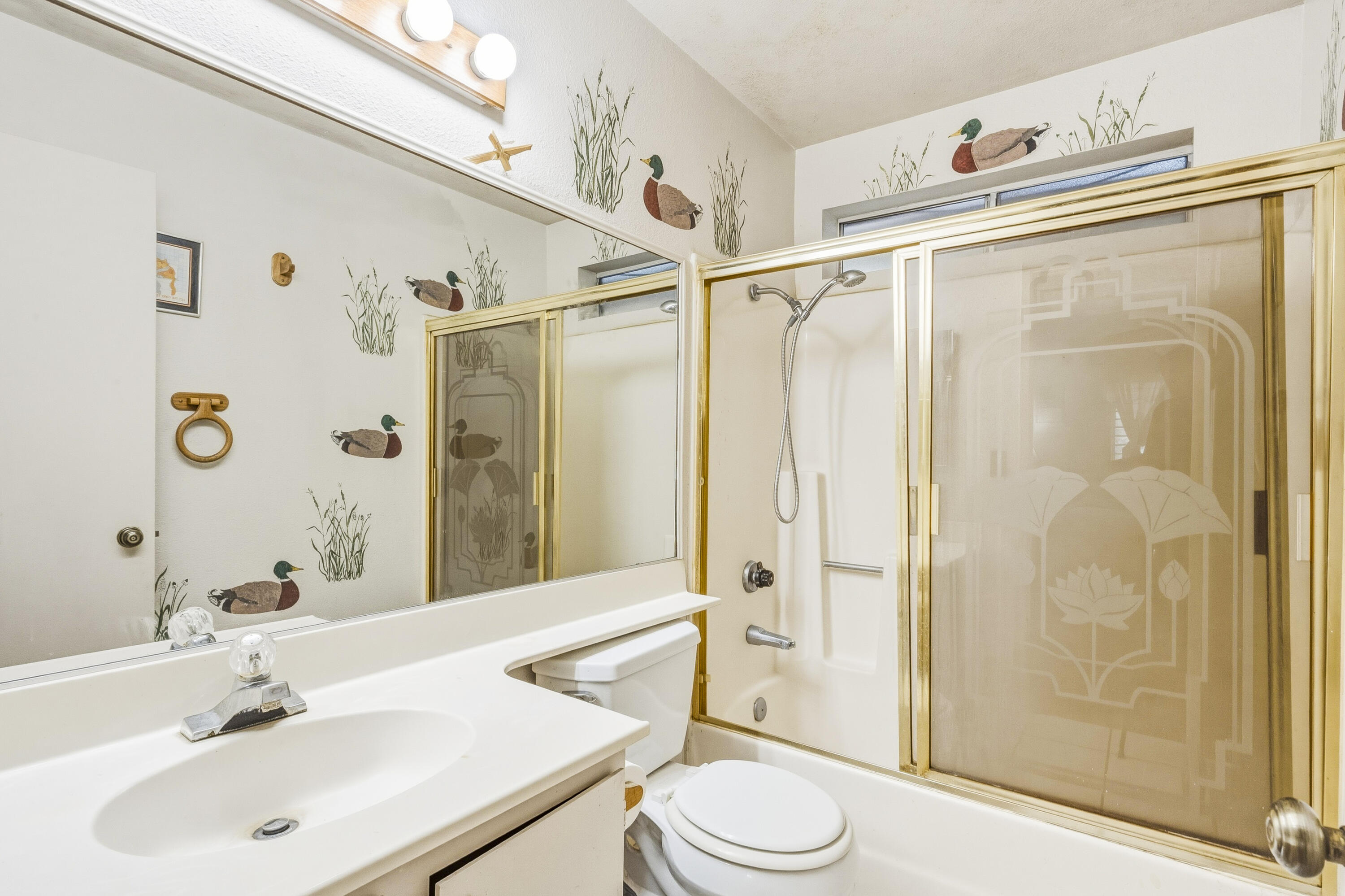 Bathroom with a white vanity, gold-framed tub and shower doors, and duck-patterned wall decor.