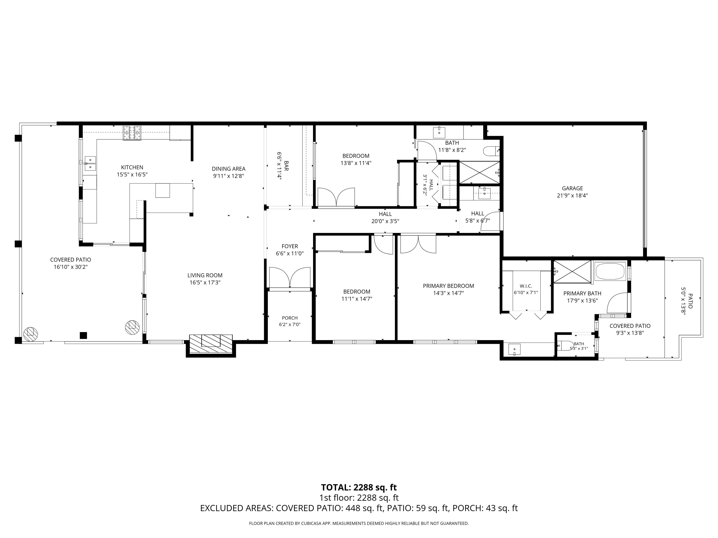 Floor plan showing three bedrooms, kitchen, living and dining areas, garage, and patios.