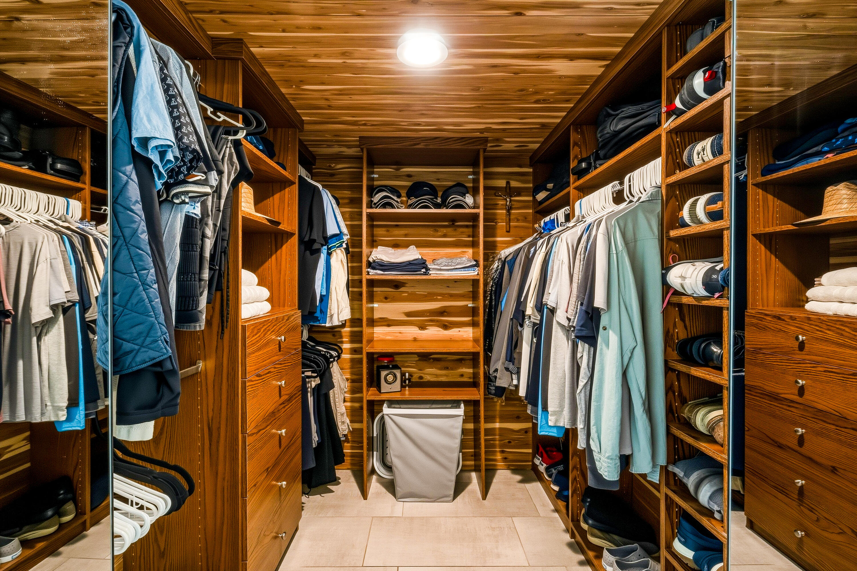 Walk-in closet with wood cabinetry, hanging clothes, shoe shelves, and a laundry hamper.