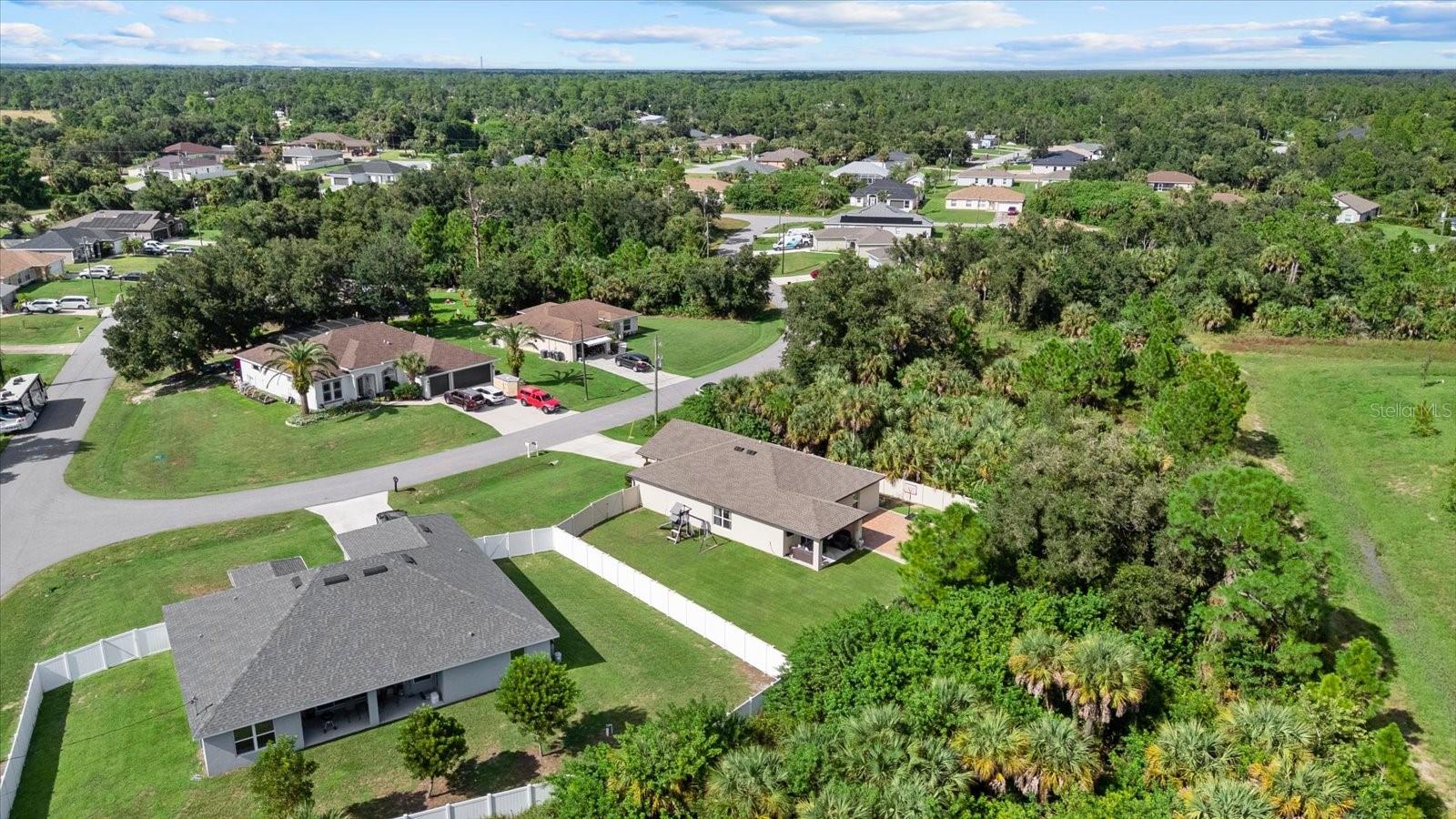 Aerial view of North Port homes and streets beside a broad wooded area.