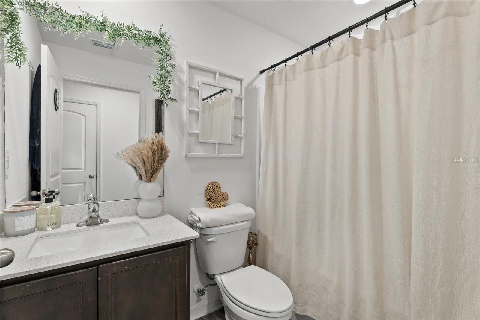 Bathroom with a dark wood vanity, white sink, toilet, and full-length shower curtain.