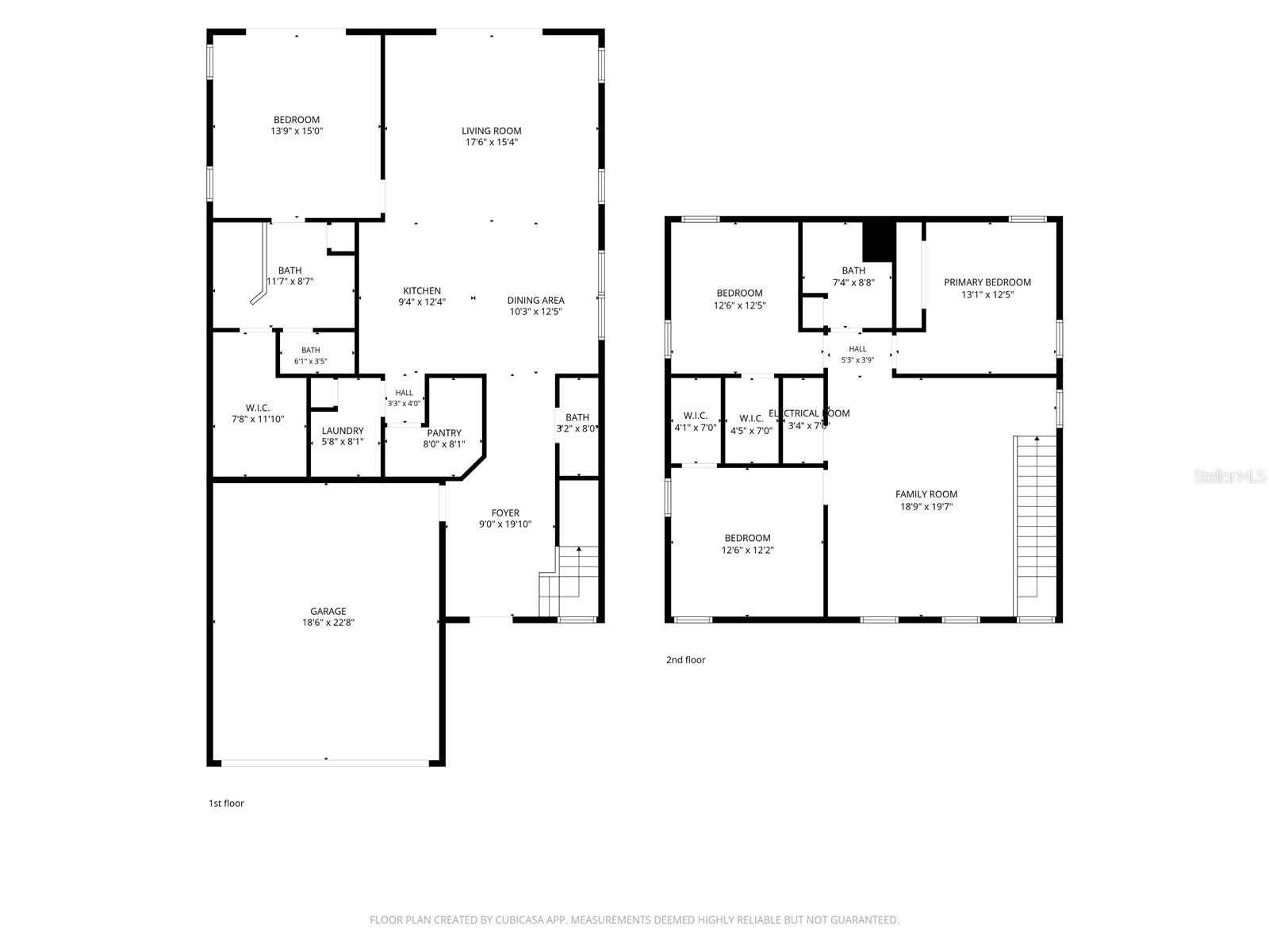 Two-level floor plan with room labels and dimensions, including a first-floor garage and second-floor family room.