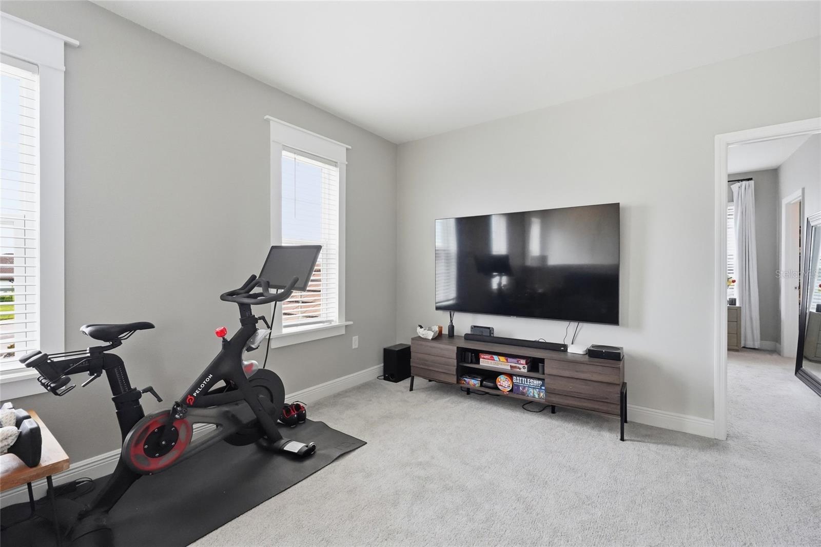 Carpeted home room with a wall-mounted television, media console, and two stationary exercise bikes.