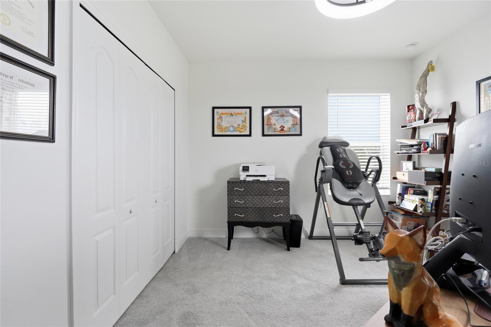 Carpeted home office and exercise room with closet doors, a bookshelf, and workout equipment.