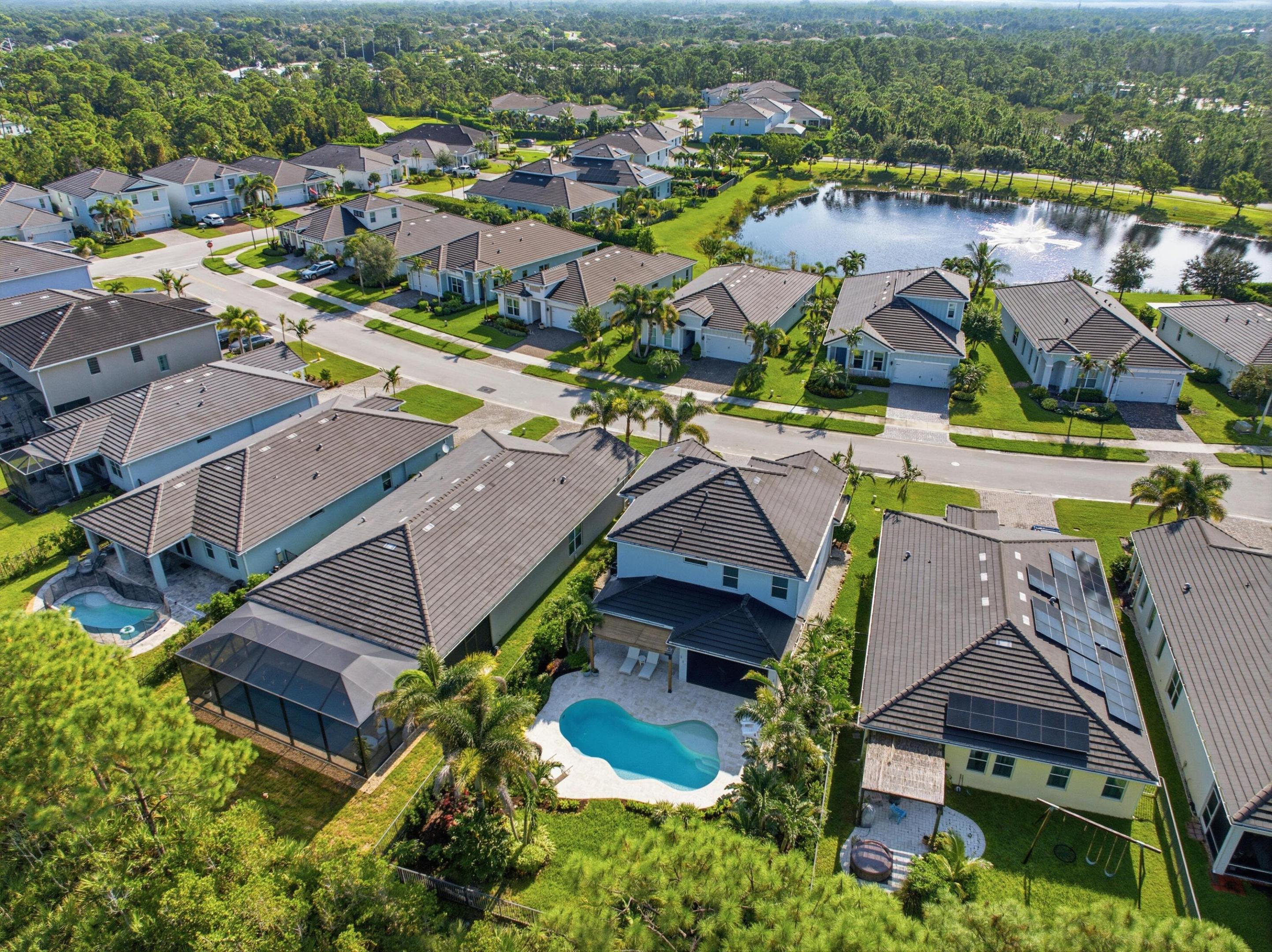 Aerial view of a palm-lined neighborhood with a backyard pool and pond.