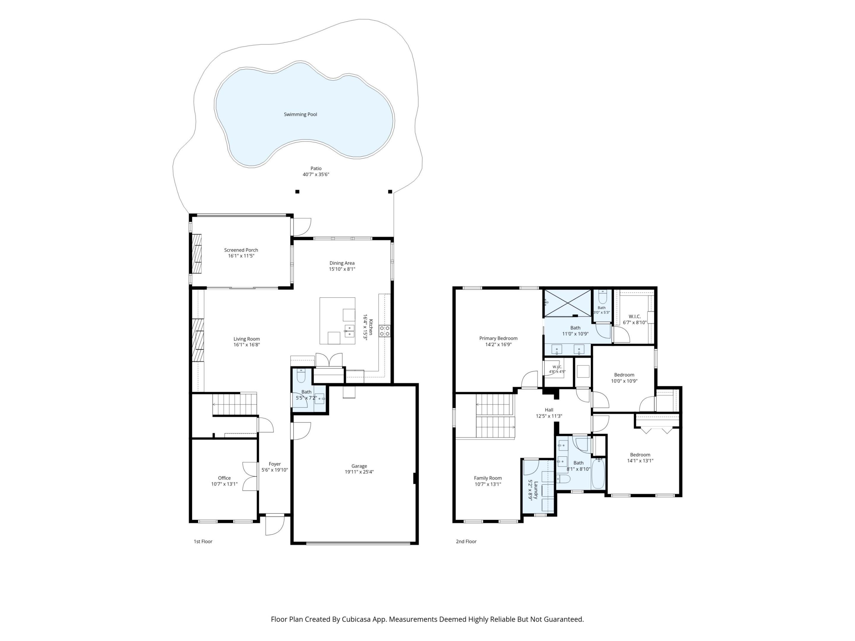 Two-story home floor plan with pool, screened porch, garage, office, and three upstairs bedrooms.
