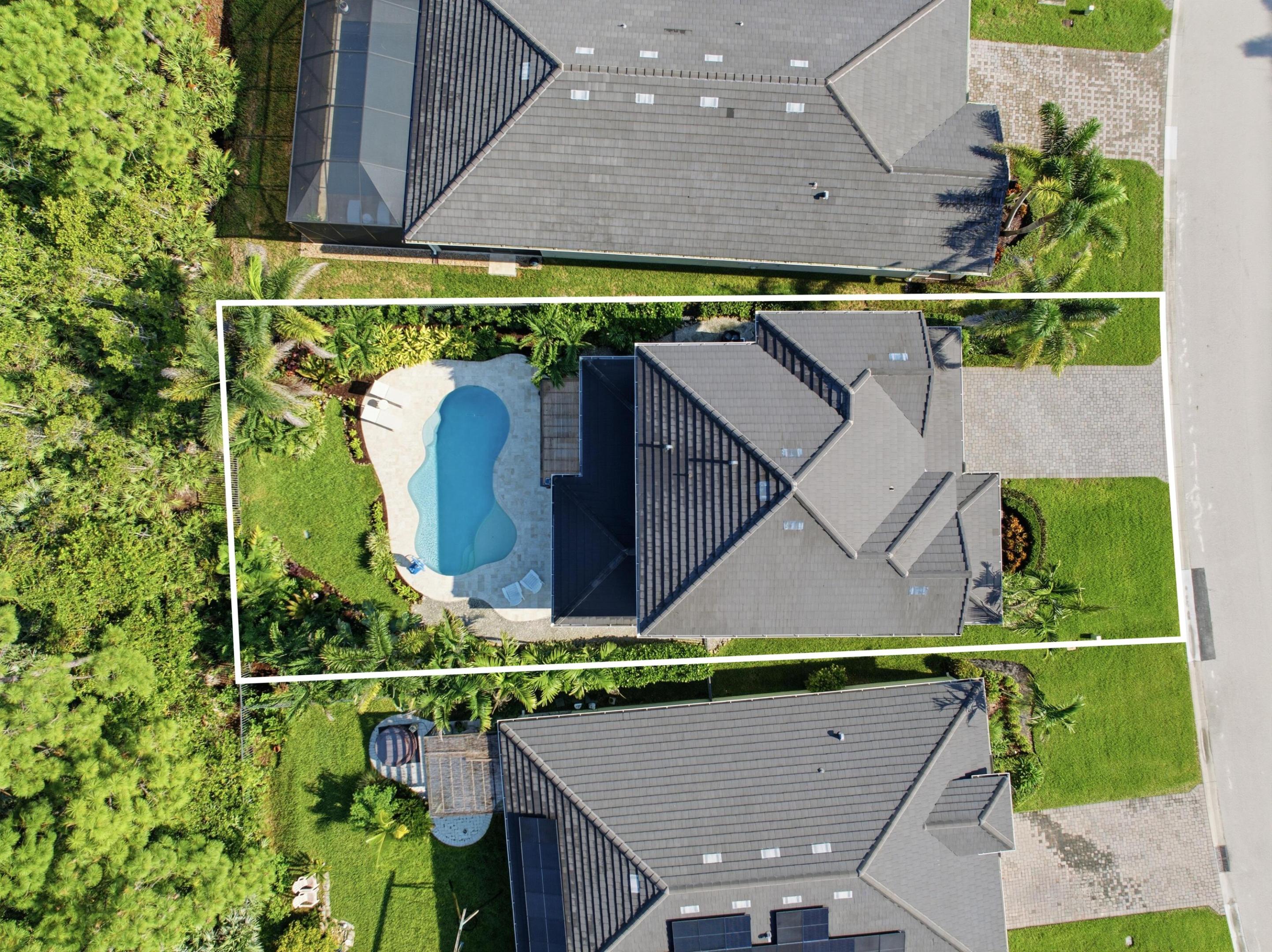 Aerial view of a home with a freeform pool and palm-filled landscaping.