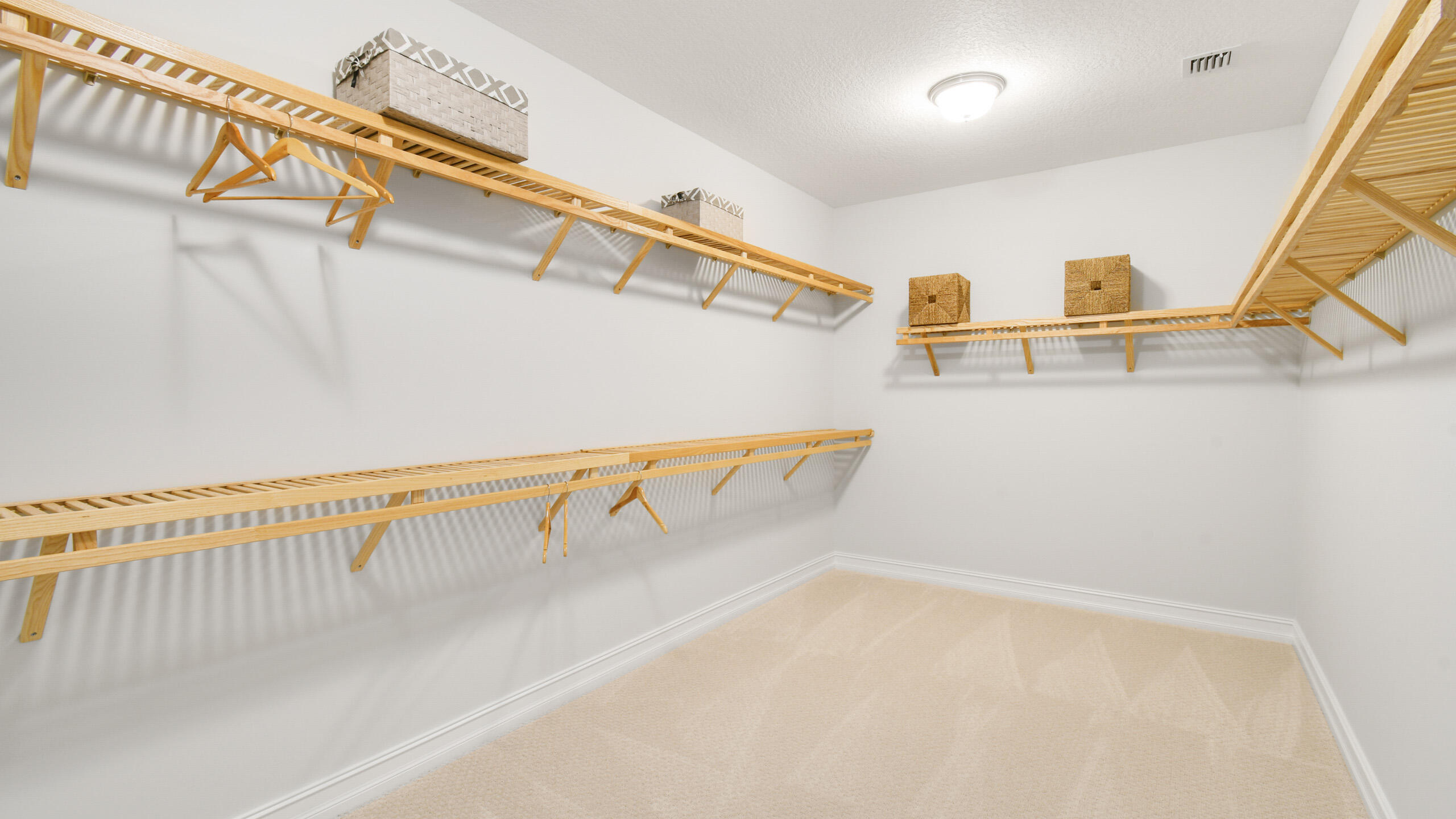 Walk-in closet with extensive light wood shelving, hanging rods, and beige carpet.