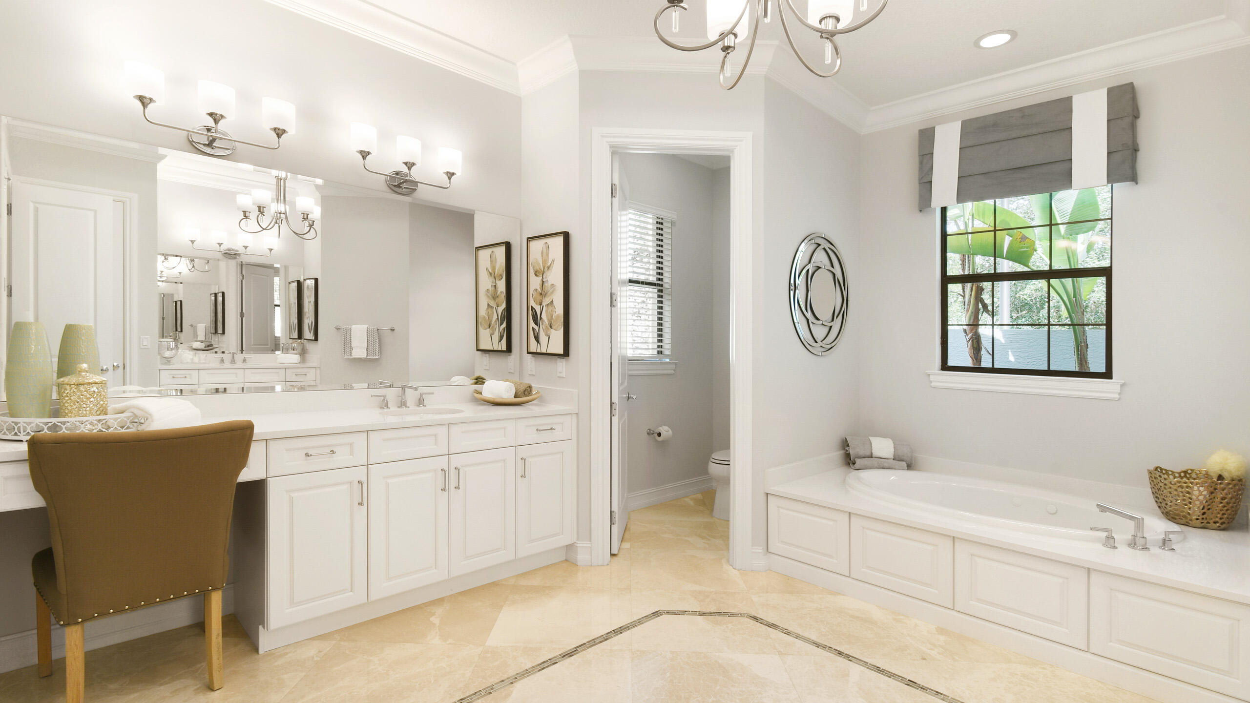 Bright bathroom with a double vanity, built-in soaking tub, and window overlooking greenery.