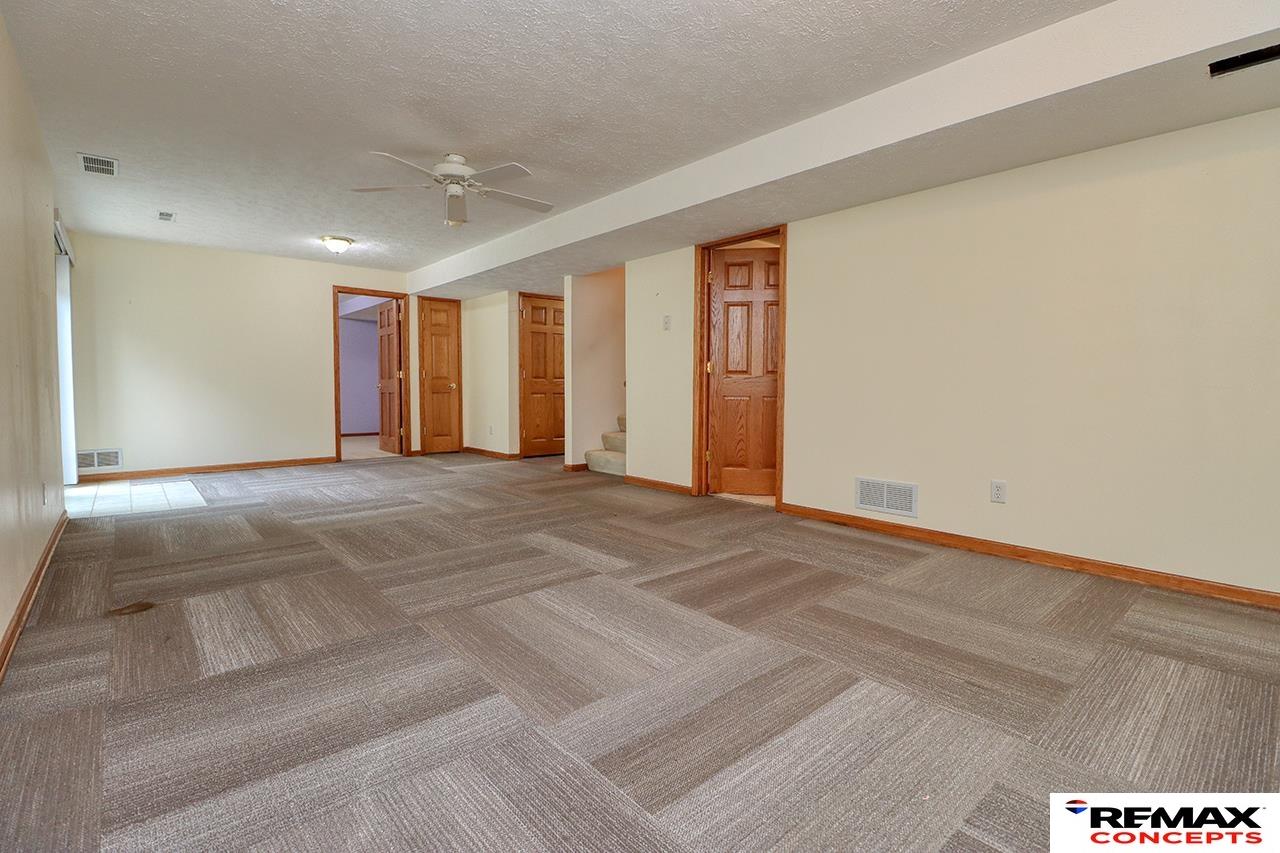 Vacant carpeted room with a ceiling fan, several wooden doors, and steps.