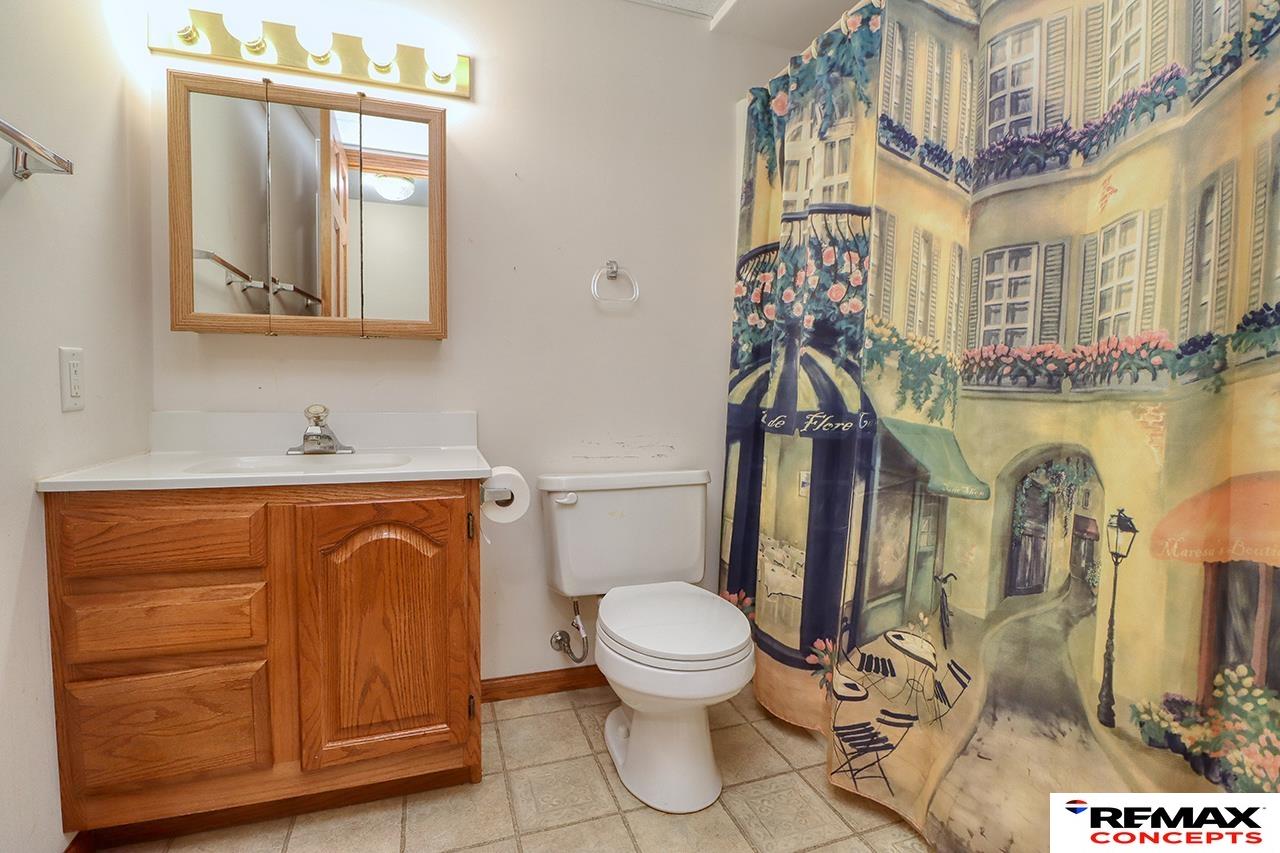 Bathroom with a wood vanity, mirrored cabinet, and colorful European street-scene shower curtain.