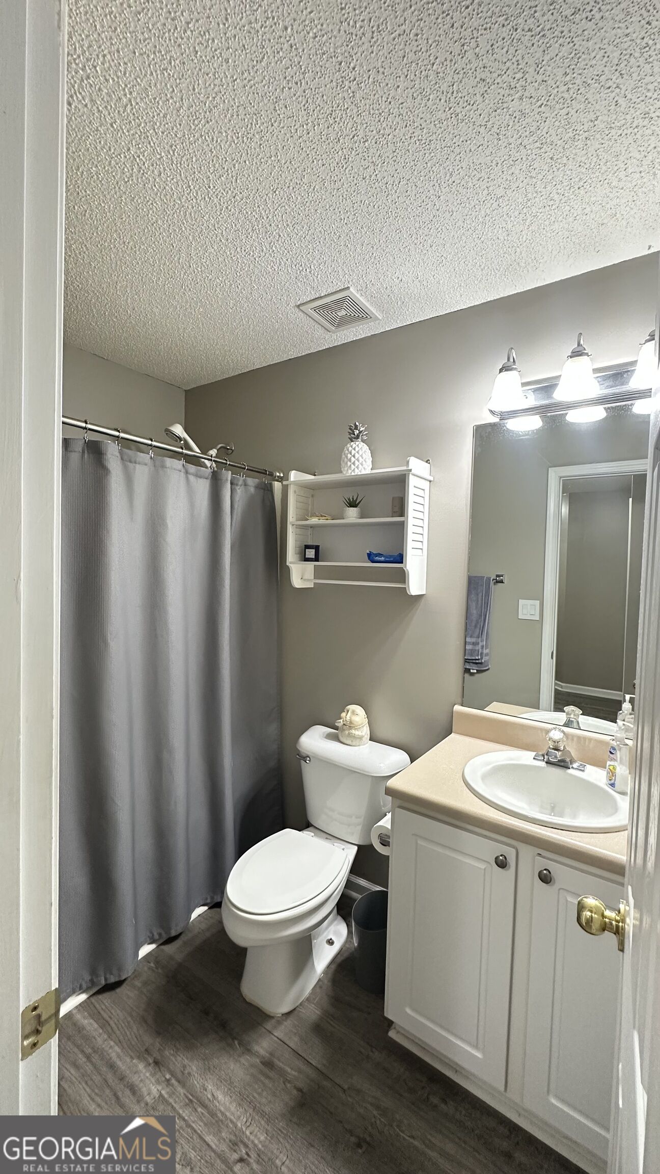 Bathroom with gray shower curtain, white toilet, and beige vanity beneath a large mirror.