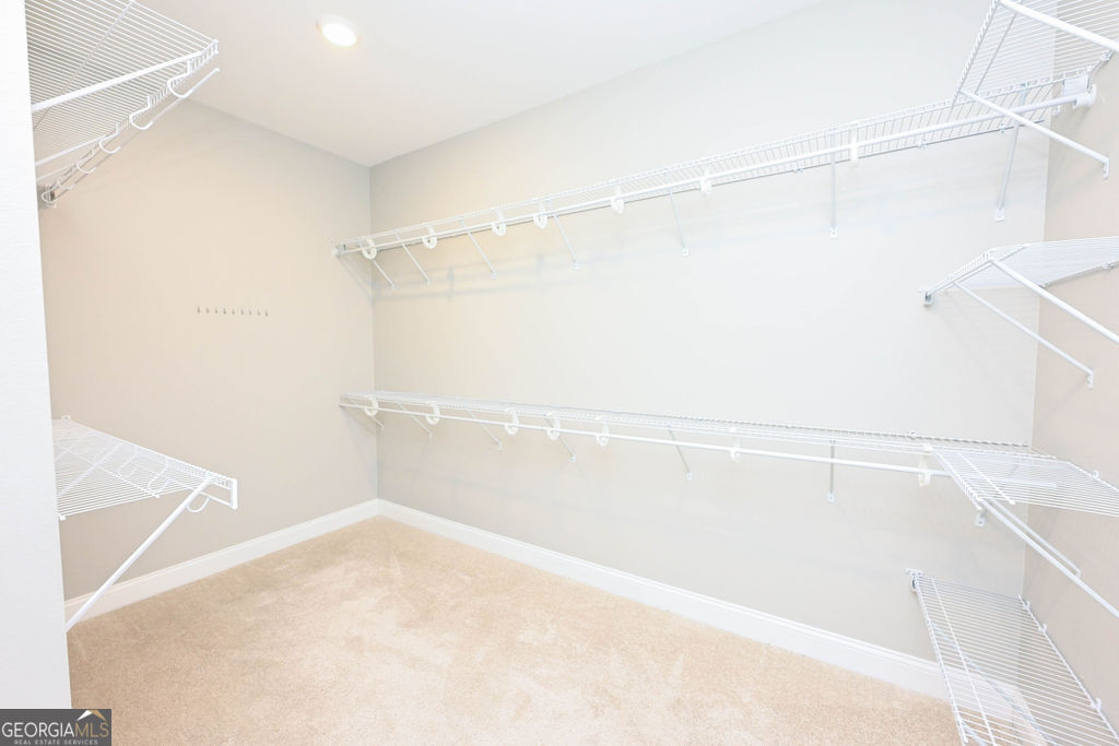 Walk-in closet with white wire shelving and beige carpet.