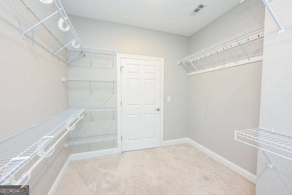 Empty walk-in closet with white wire shelving and beige carpet.