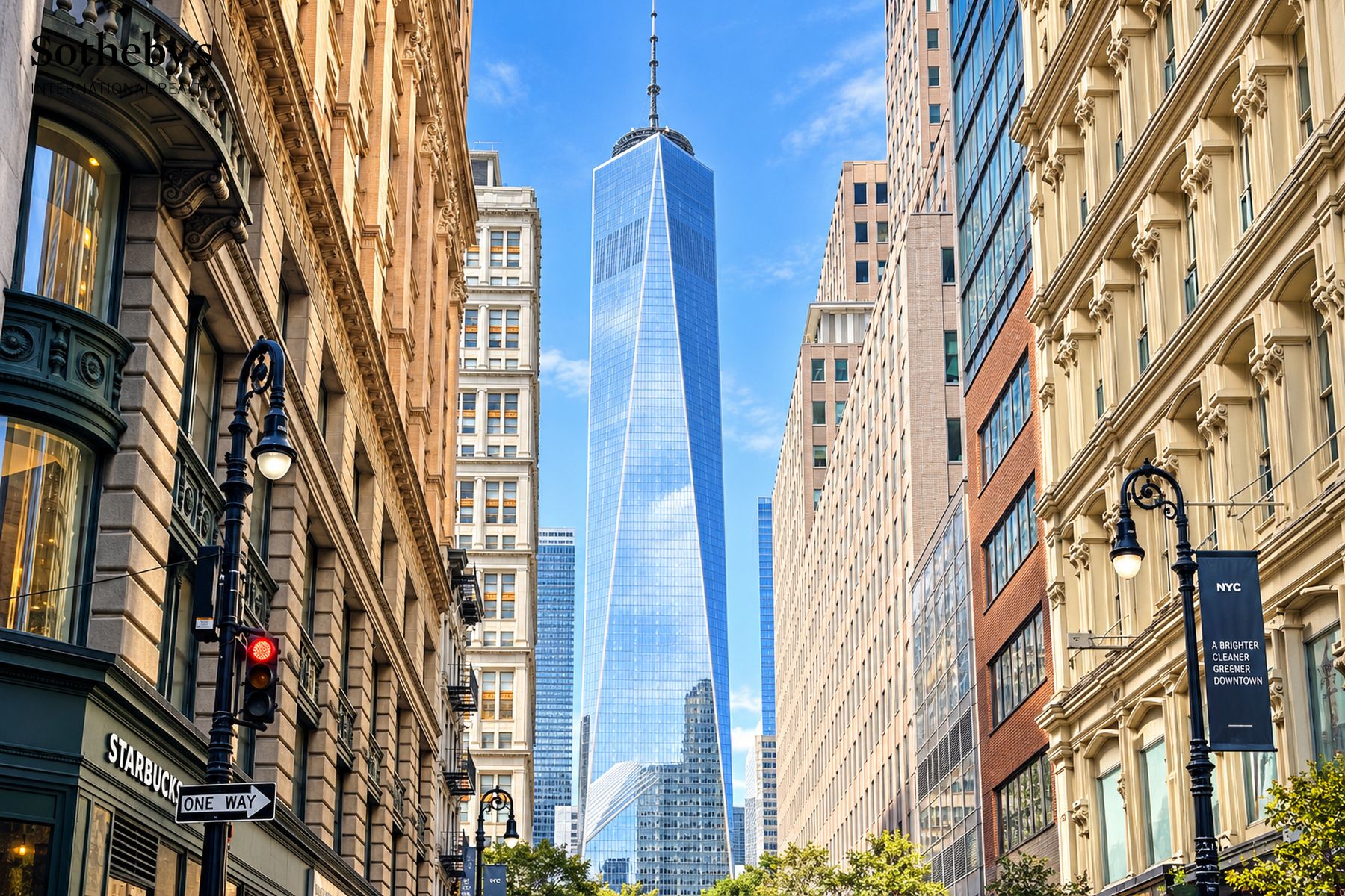 One World Trade Center rises above a downtown Manhattan street lined with historic and modern buildings.