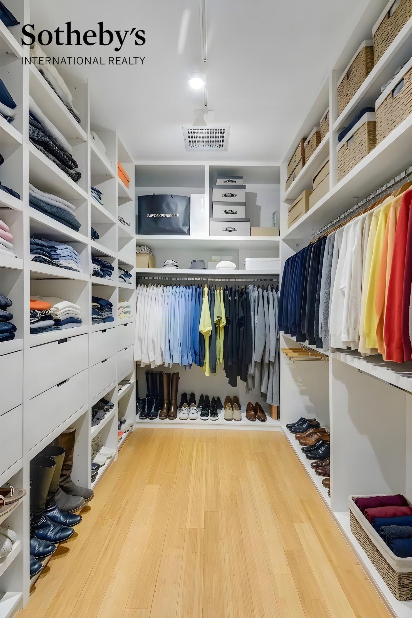 Walk-in closet with organized clothing, shoe shelves, and light wood flooring.