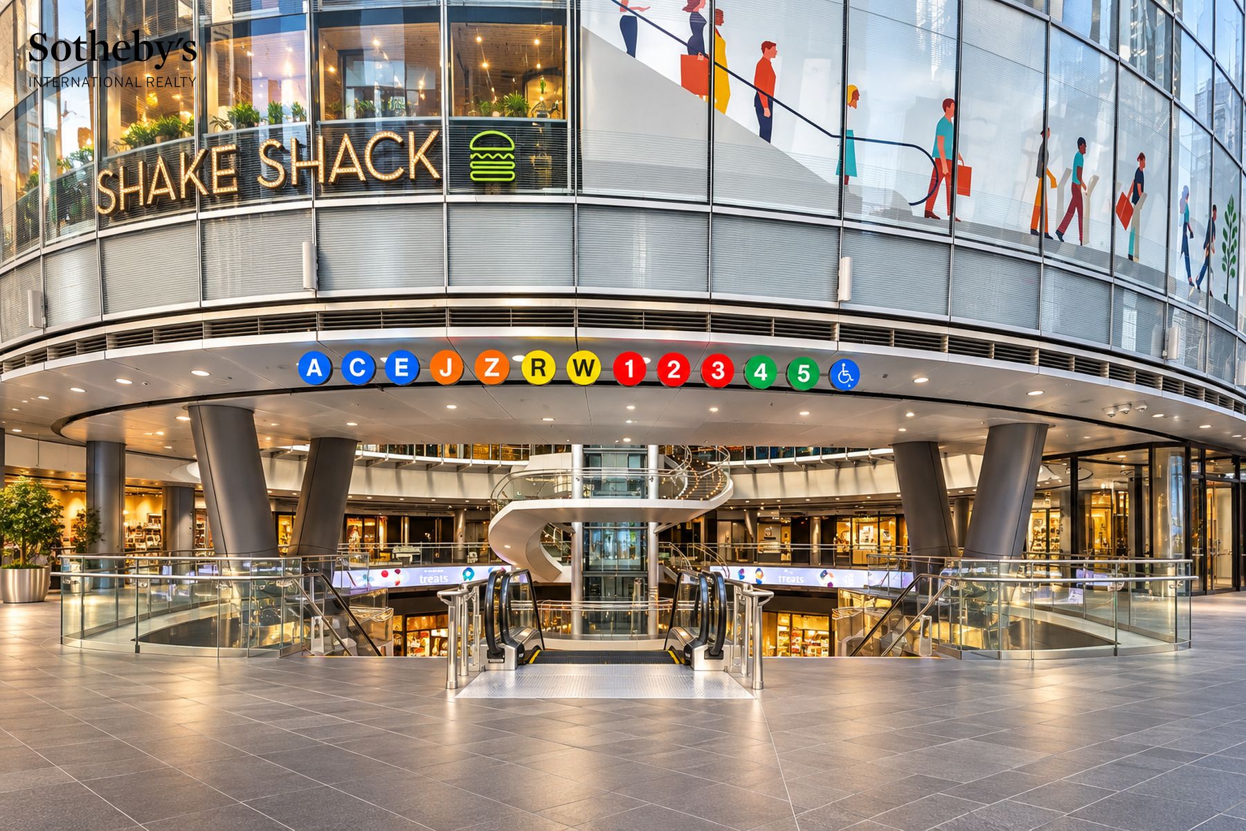 Multi-level transit and shopping atrium with subway signs, escalators, and a Shake Shack storefront.