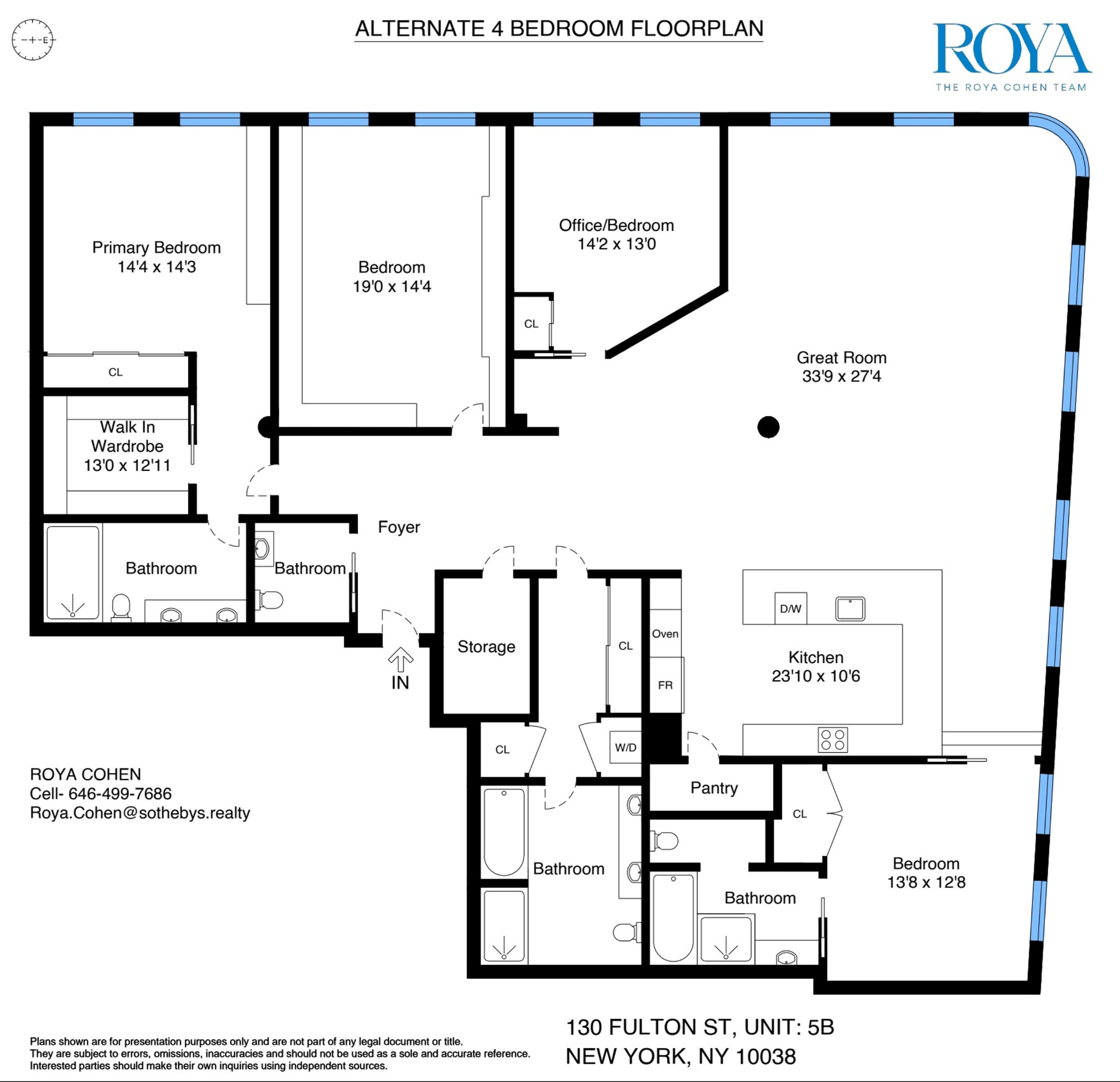 Alternate four-bedroom floor plan for 130 Fulton Street, unit 5B, with room labels and dimensions.