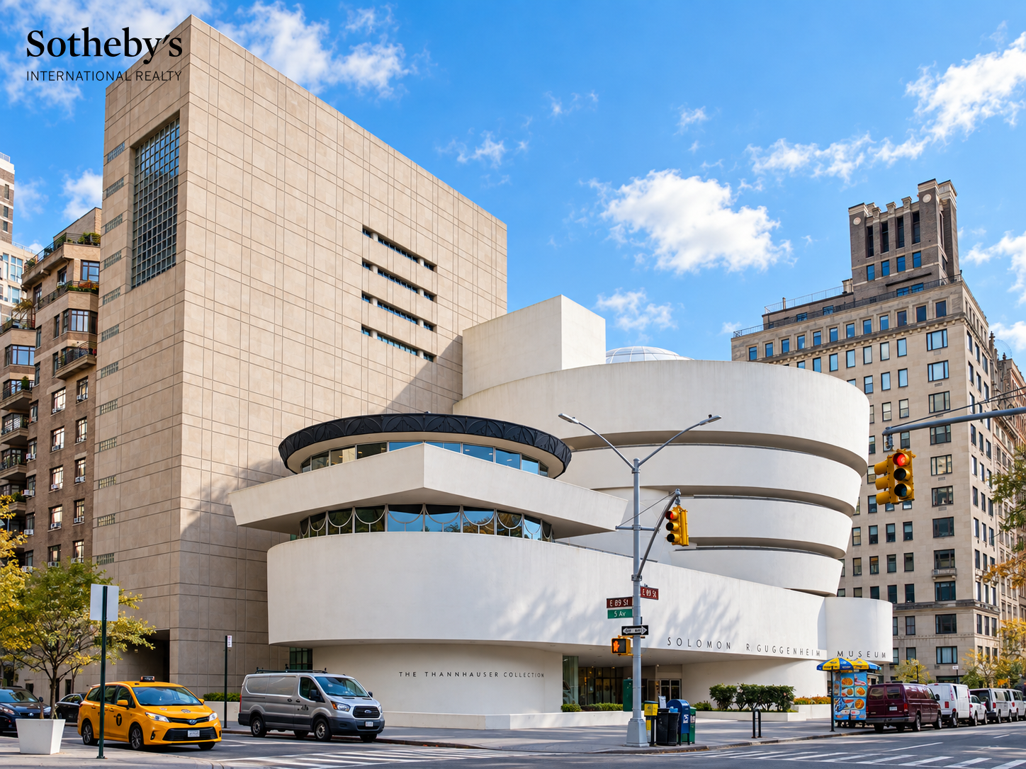 Solomon R. Guggenheim Museum on Fifth Avenue, framed by Upper East Side buildings and street traffic.