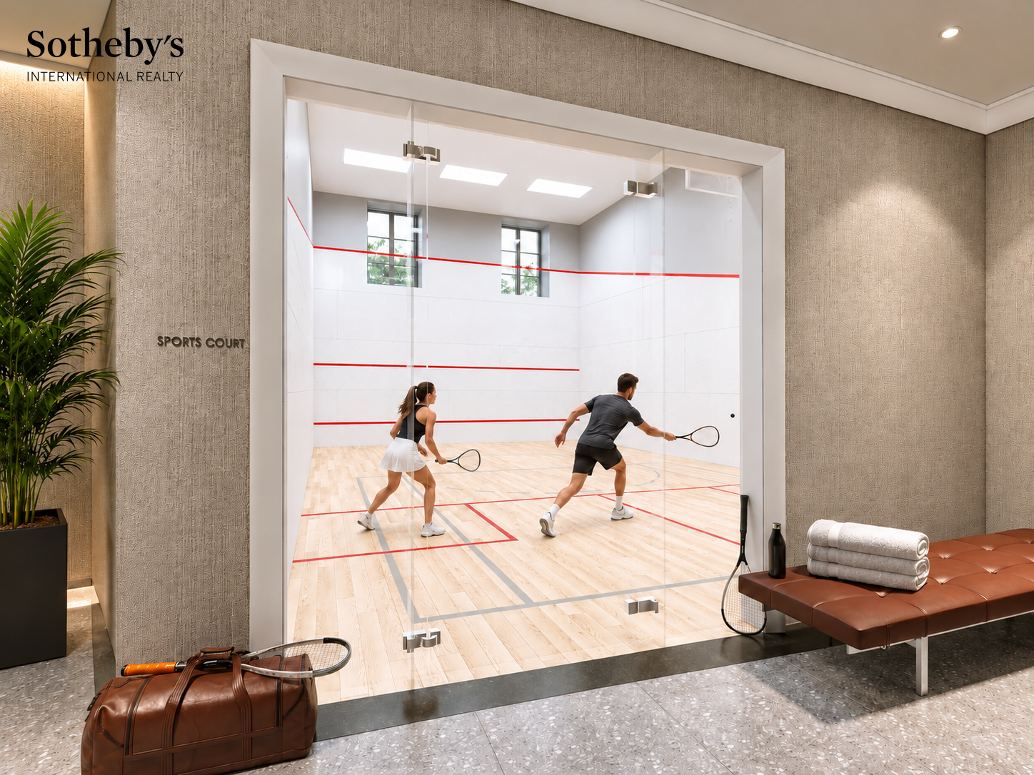 Residential squash court with glass walls and two players in action.