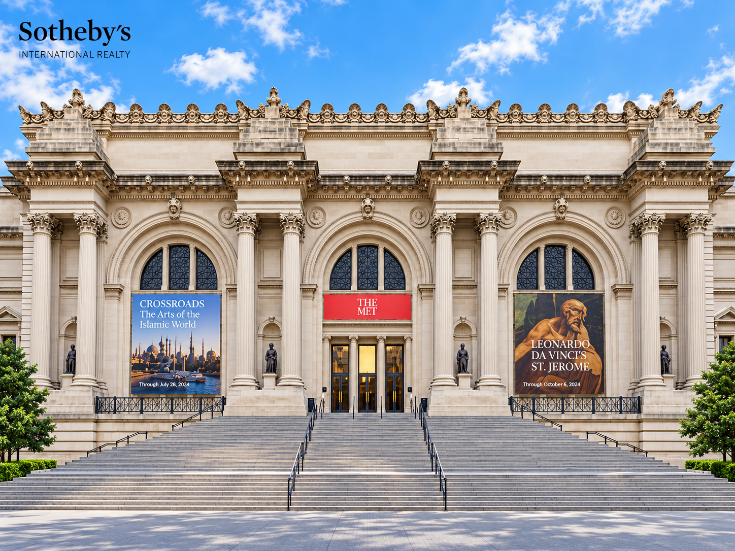 The Met’s ornate stone entrance with arched windows, exhibition banners, and broad front steps.