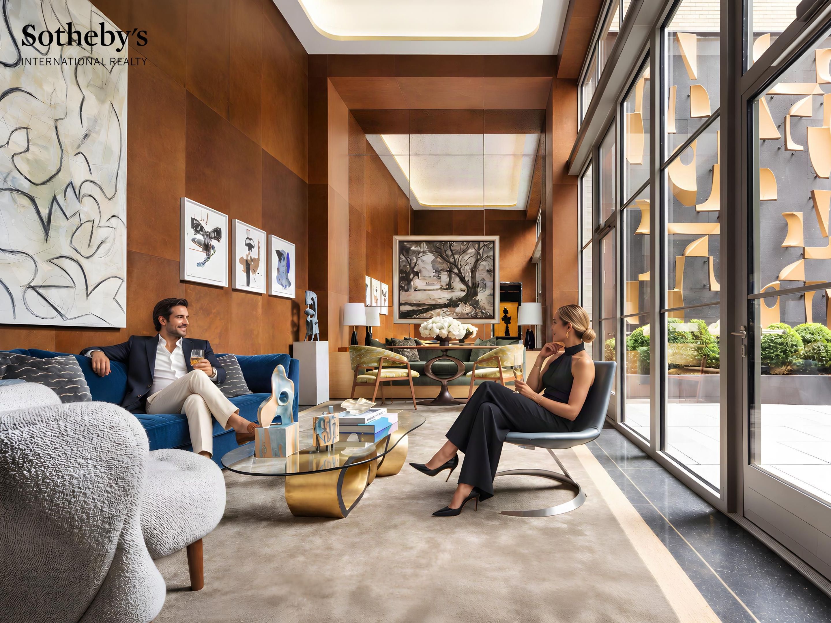 Living room with warm wood paneling, bold artwork, and floor-to-ceiling windows overlooking greenery.