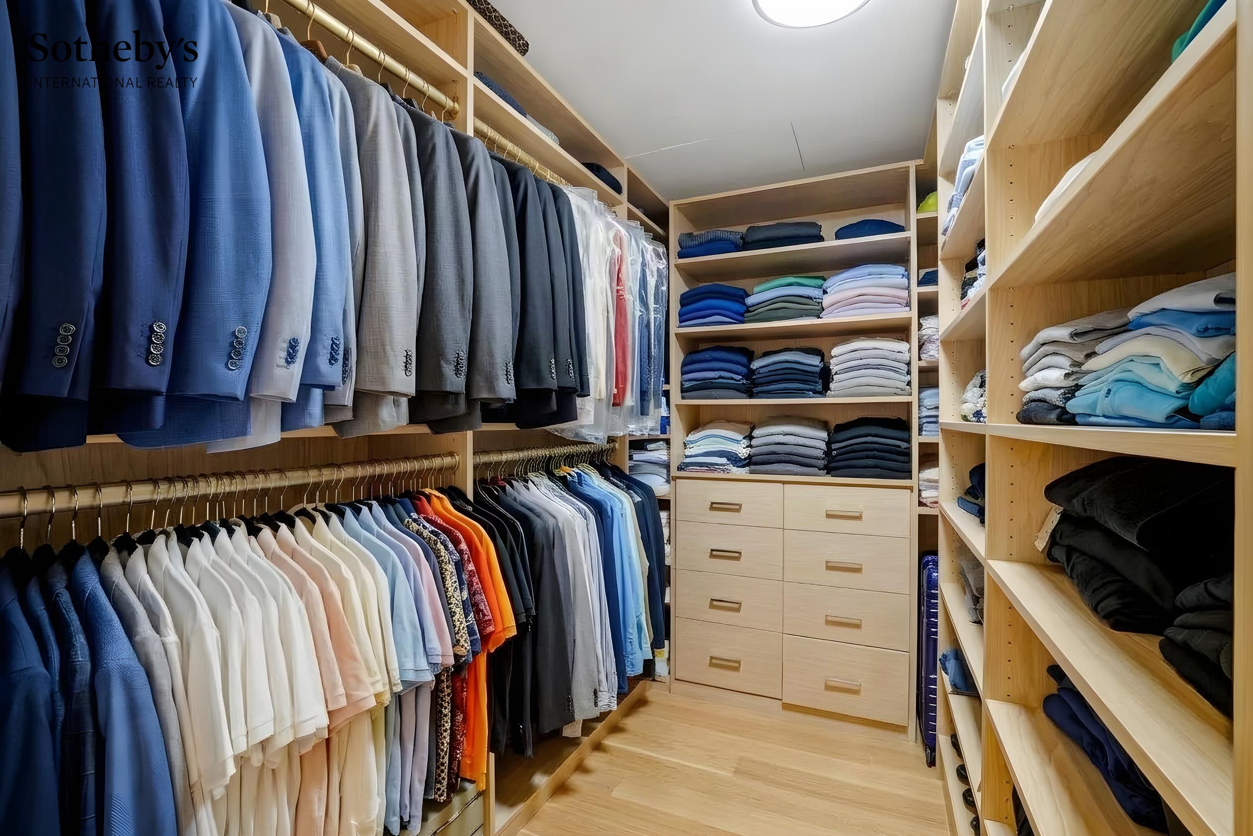 Walk-in closet with built-in wood shelving, drawers, and neatly arranged clothing.