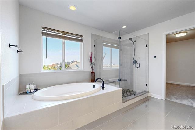 Bathroom with a built-in soaking tub and glass-enclosed shower beside two windows.