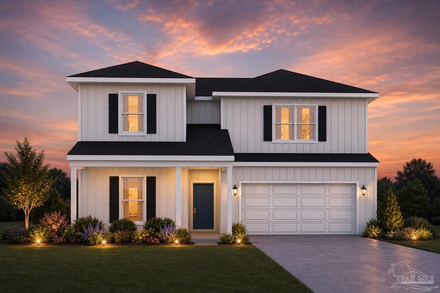 Two-story white house with black shutters and a two-car garage beneath a pink-orange dusk sky.