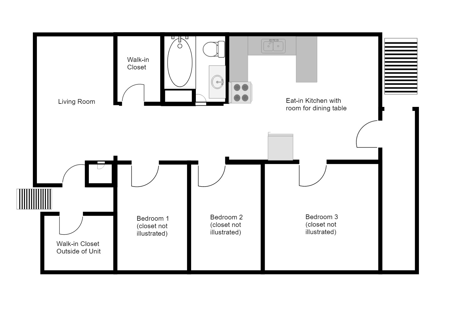 Floor plan of a three-bedroom unit with an eat-in kitchen and walk-in closets.