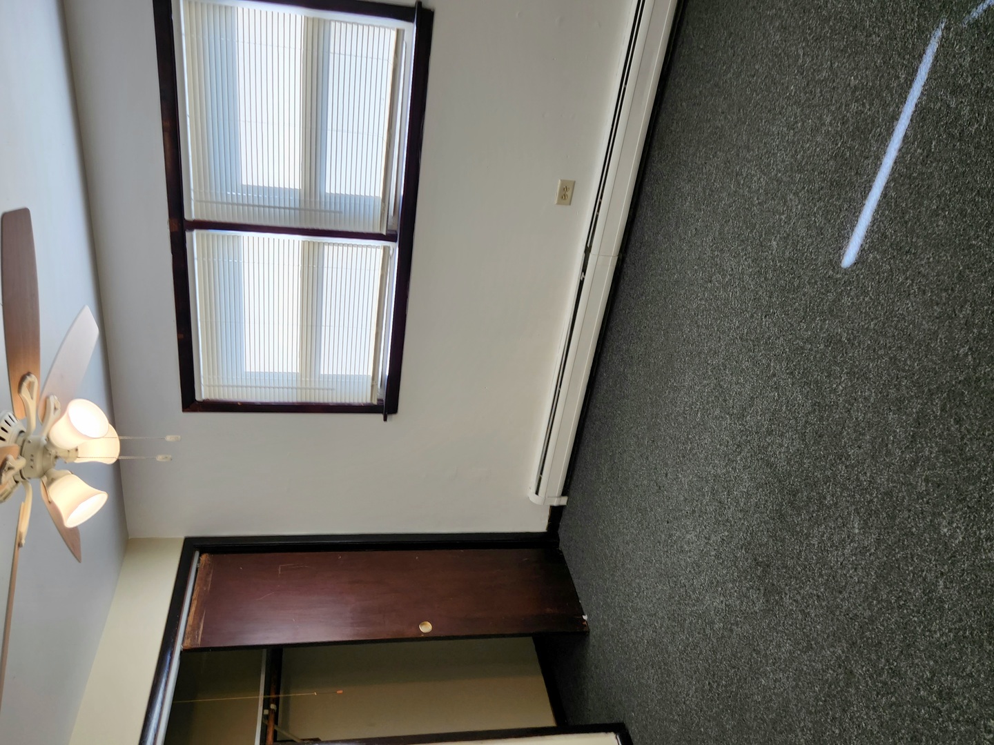 Room with gray carpeting, a window with vertical blinds, and a ceiling fan with light.