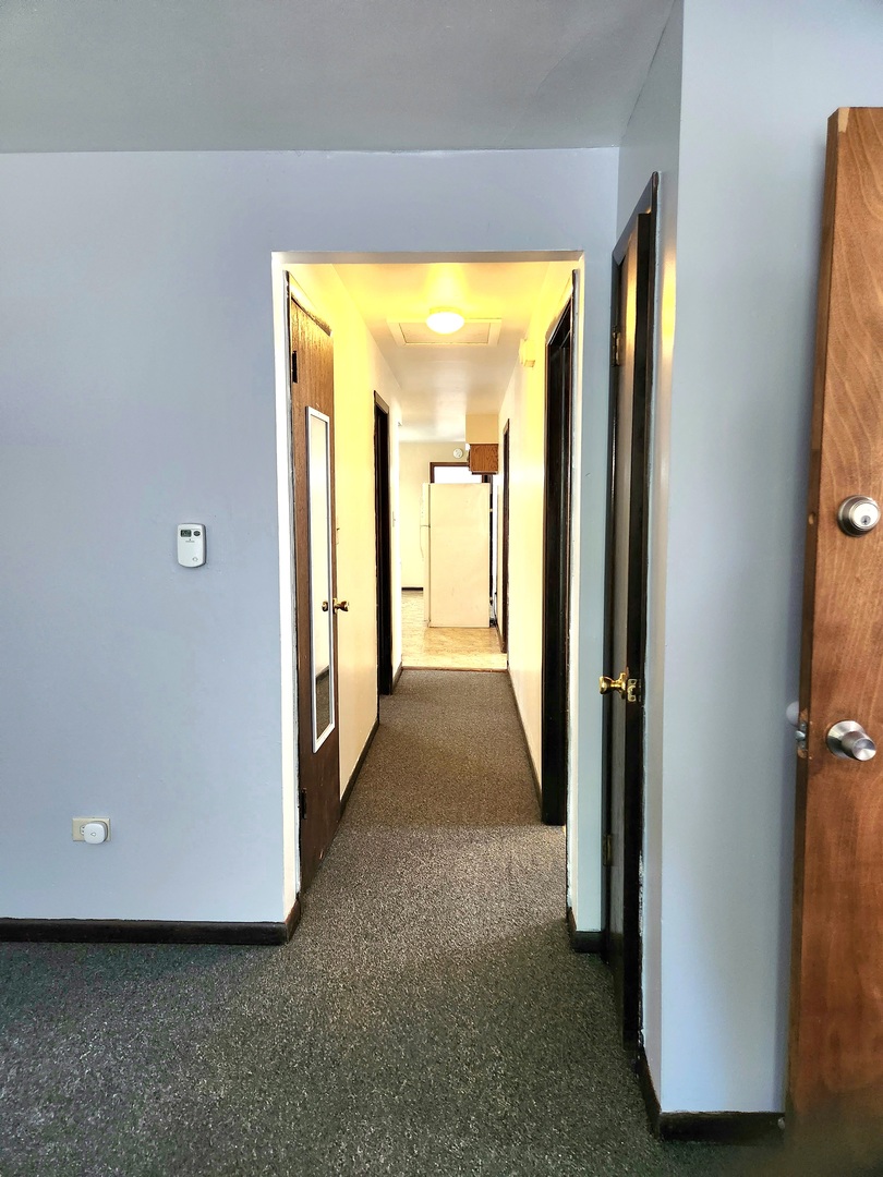 Carpeted apartment hallway with open wood doors and a refrigerator at the far end.