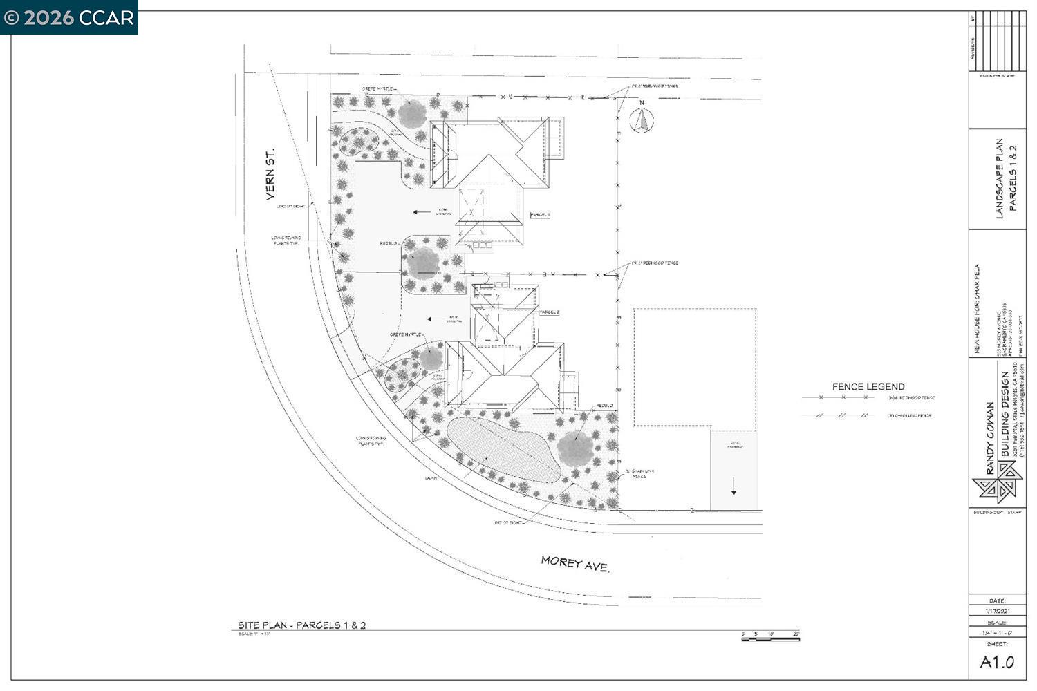 Landscape site plan showing two house lots, planted yards, fences, and the curved frontage along Morey Avenue.