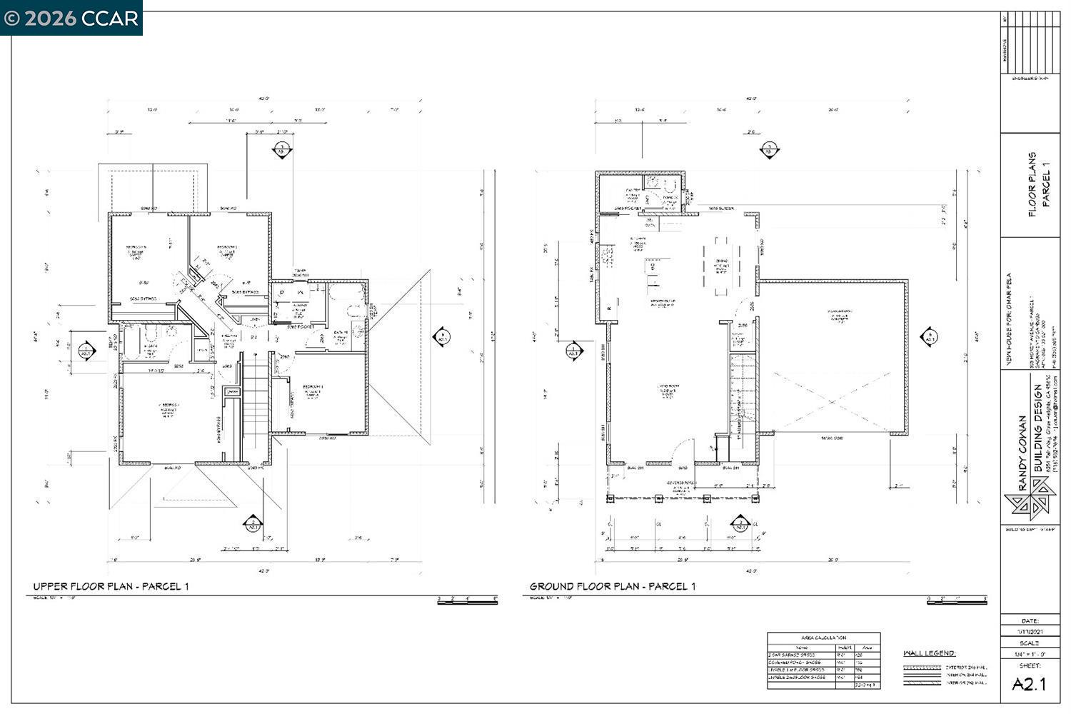 Upper- and ground-floor plans for Parcel 1, with room labels and dimensions.