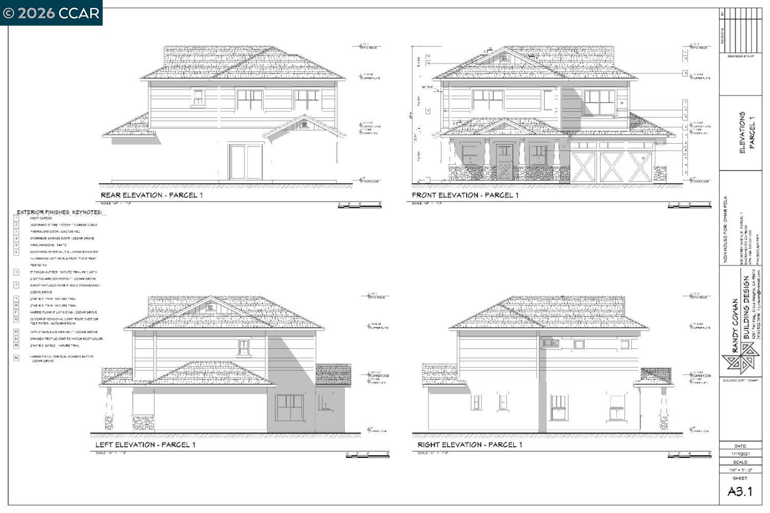 Architectural elevations of a two-story house, including the front facade with a two-car garage.