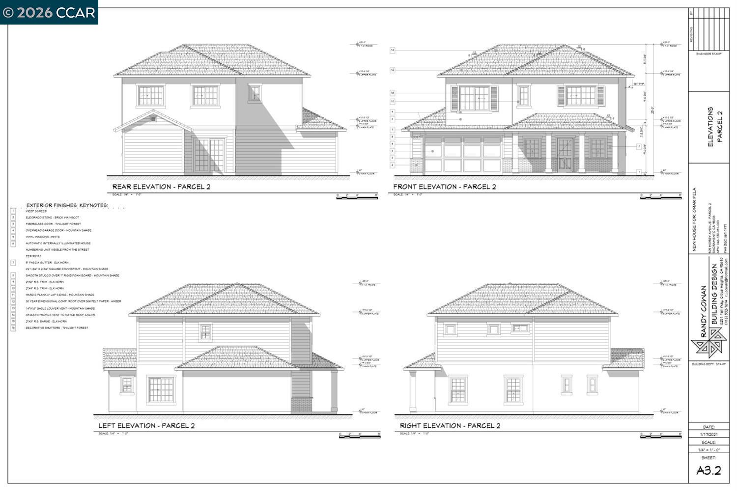 Architectural elevations of a two-story house, showing its front, rear, left, and right sides.