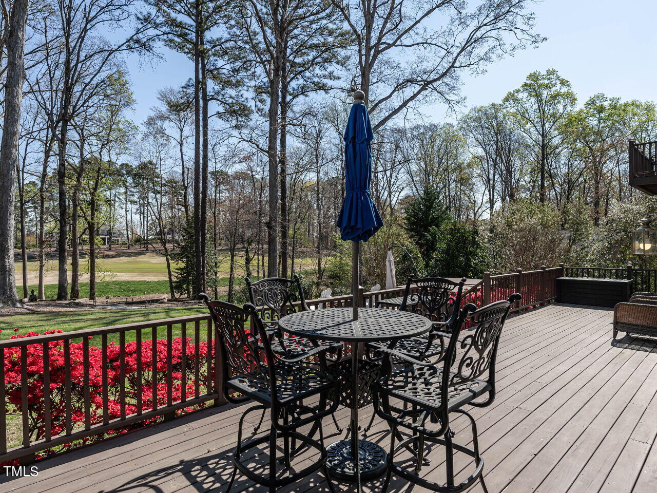 Outdoor deck with ornate patio furniture, red azaleas, and a tree-lined golf course view.