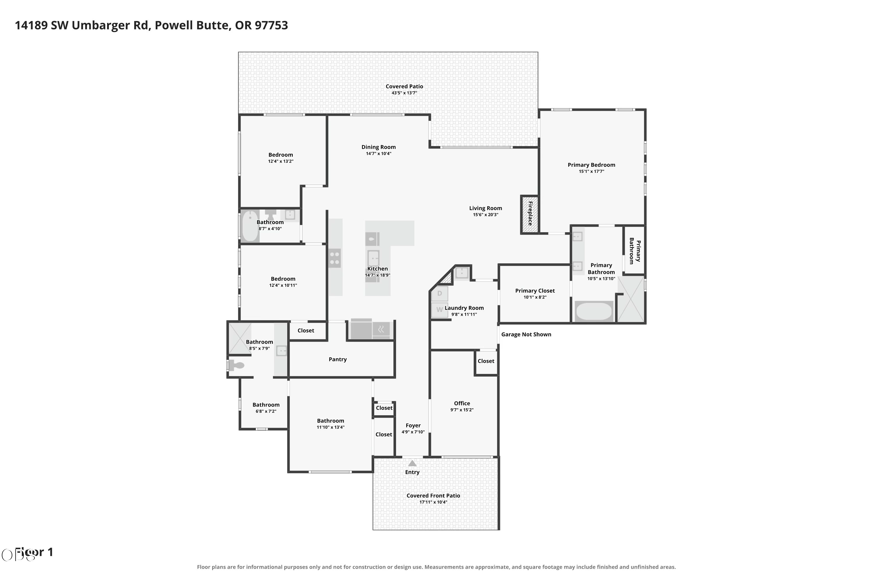 Floor plan showing the home’s rooms, dimensions, primary suite, and covered front and rear patios.