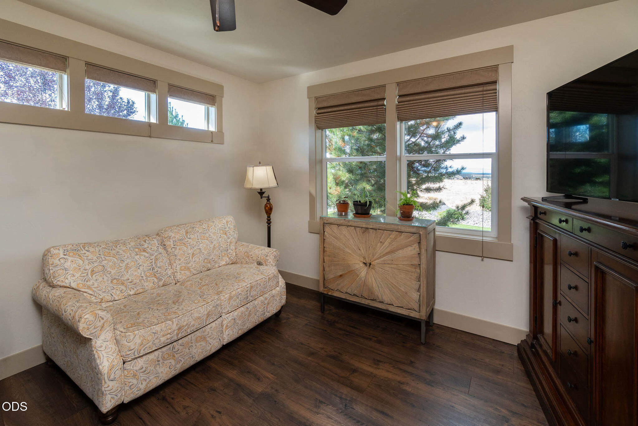 Living room with a patterned sofa, large windows, and dark wood floors.