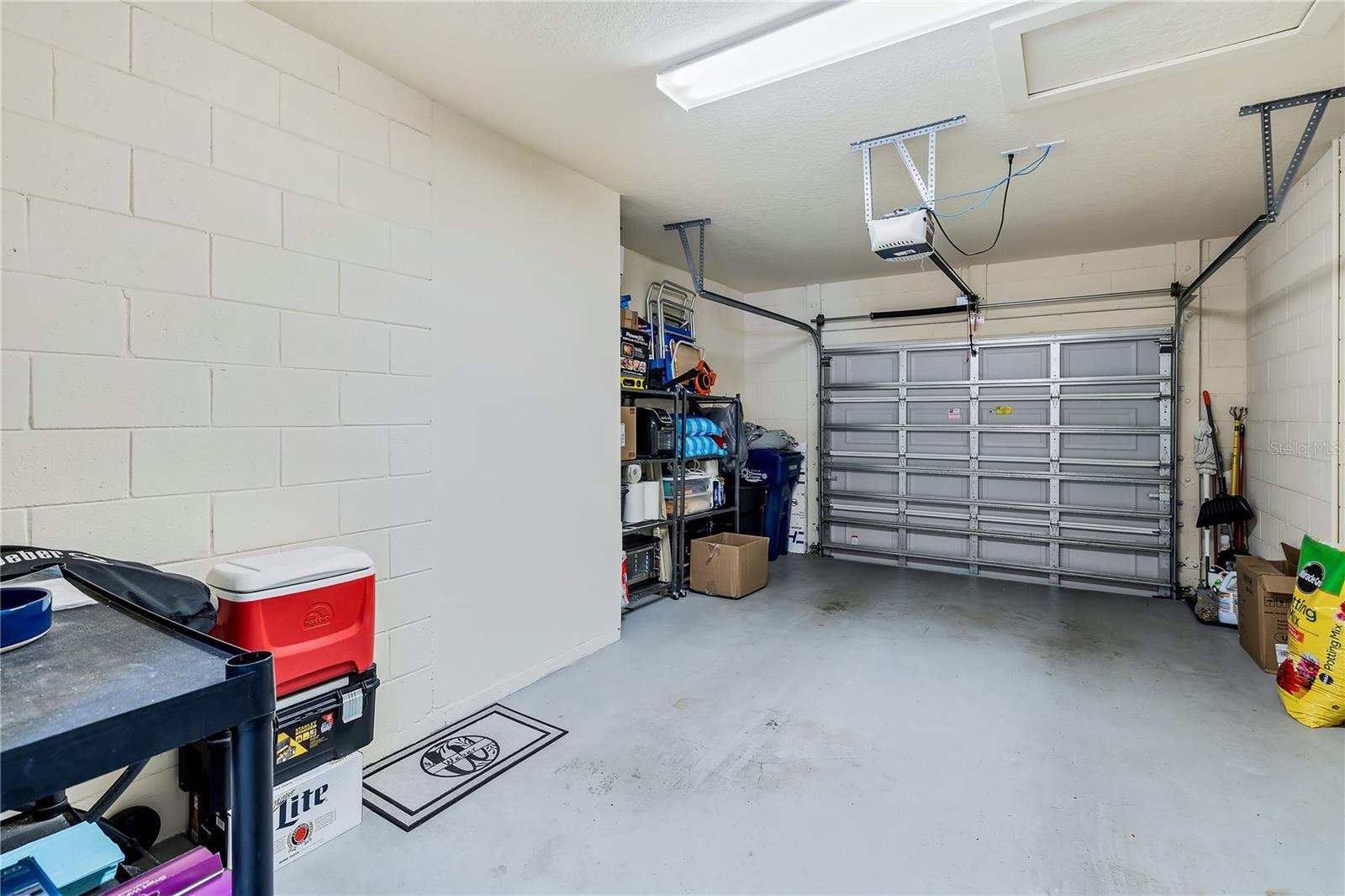 Garage with a closed sectional door, overhead opener, concrete floor, and storage shelves.