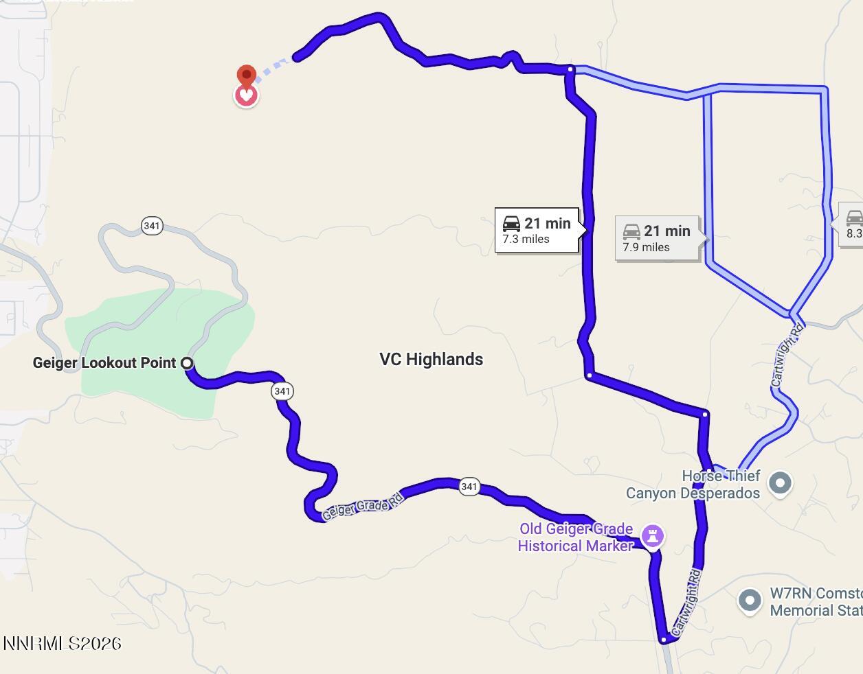Map showing two routes near Geiger Lookout Point, each about 21 minutes from the marked location.