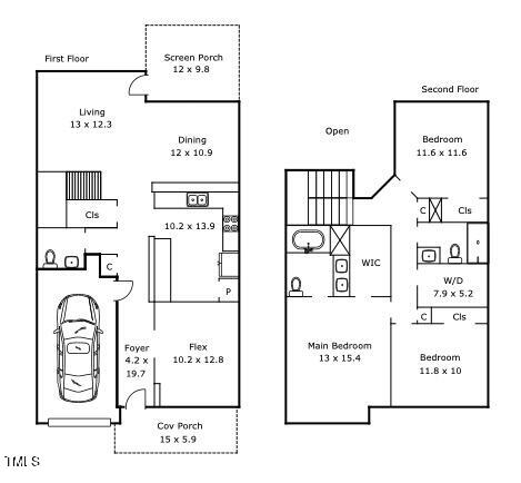 Two-story floor plan with living areas and garage downstairs, and three bedrooms upstairs.