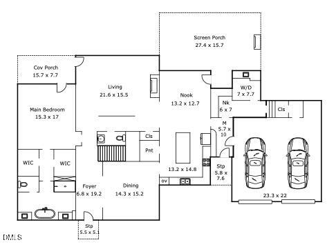 Floor plan showing living and dining areas, a screened porch, main bedroom, and two-car garage.