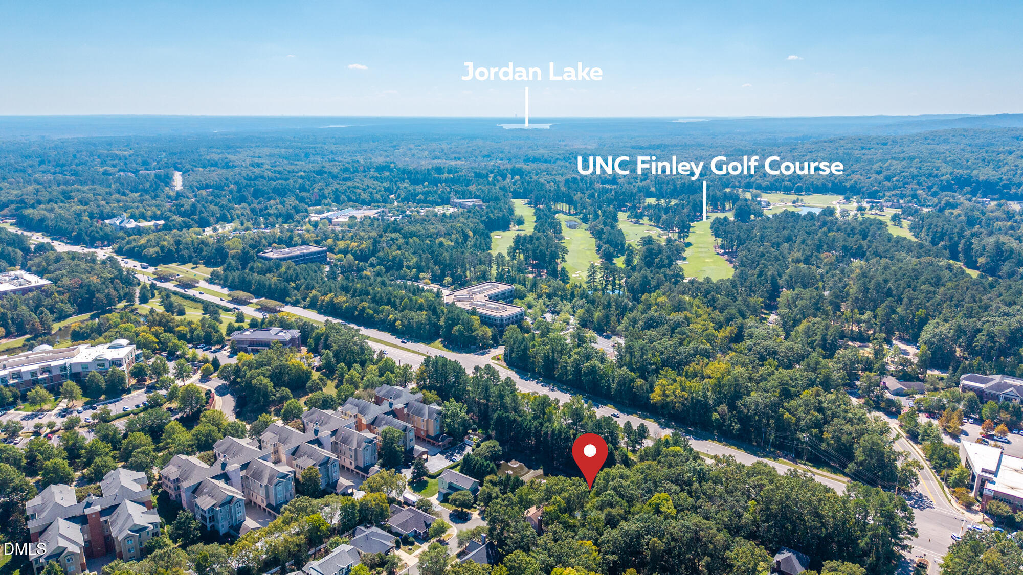 Aerial view of the property area, with a red location pin and labels for Jordan Lake and UNC Finley Golf Course.