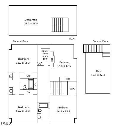 Second-floor and attic plans showing four bedrooms, a study nook, and a flex room.