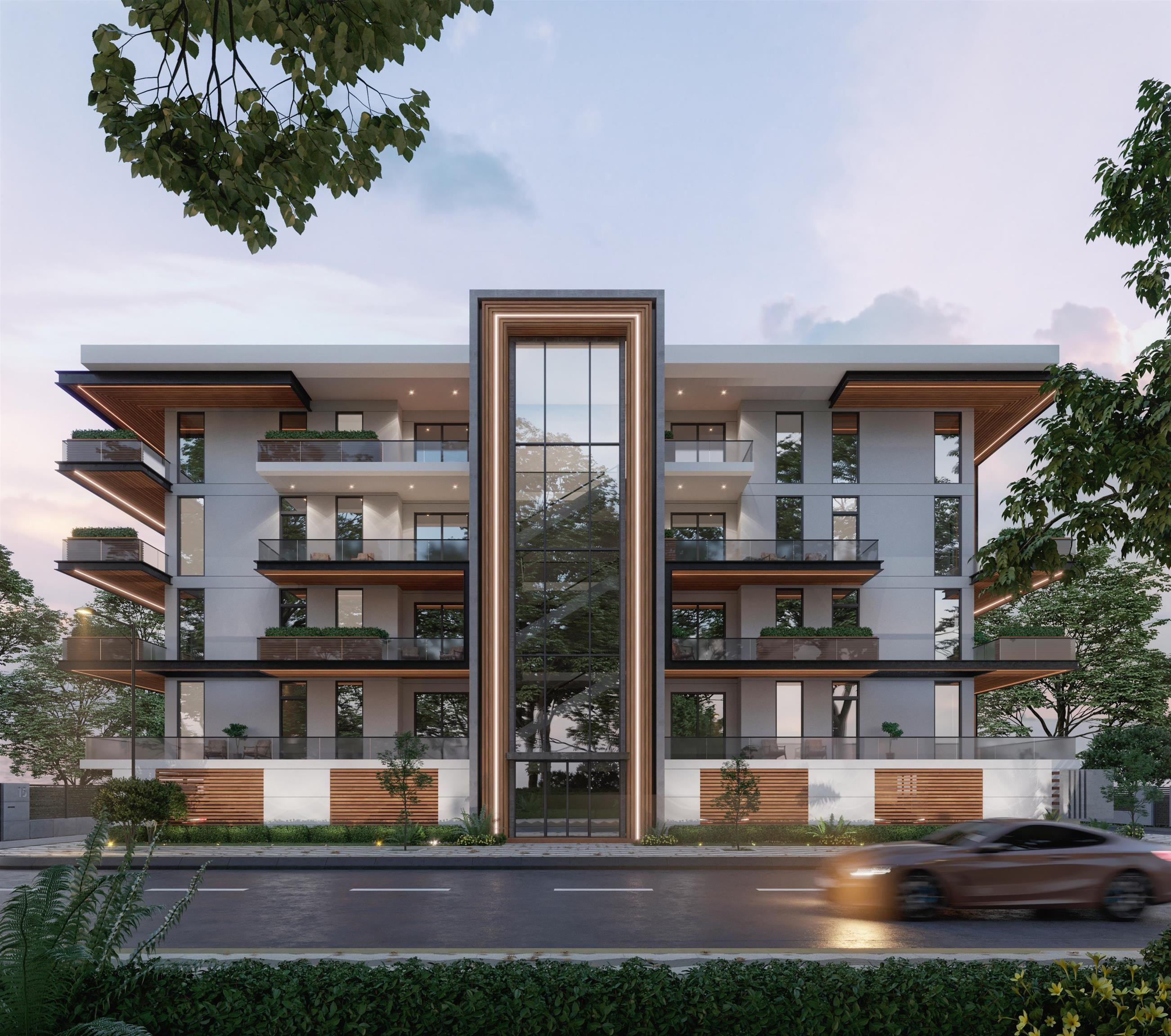 Architectural rendering of a modern apartment building with glass balconies and a central glass façade.